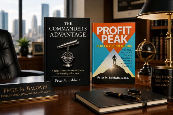 Books and desk nameplate of Peter M. Baldwin on a wooden desk.