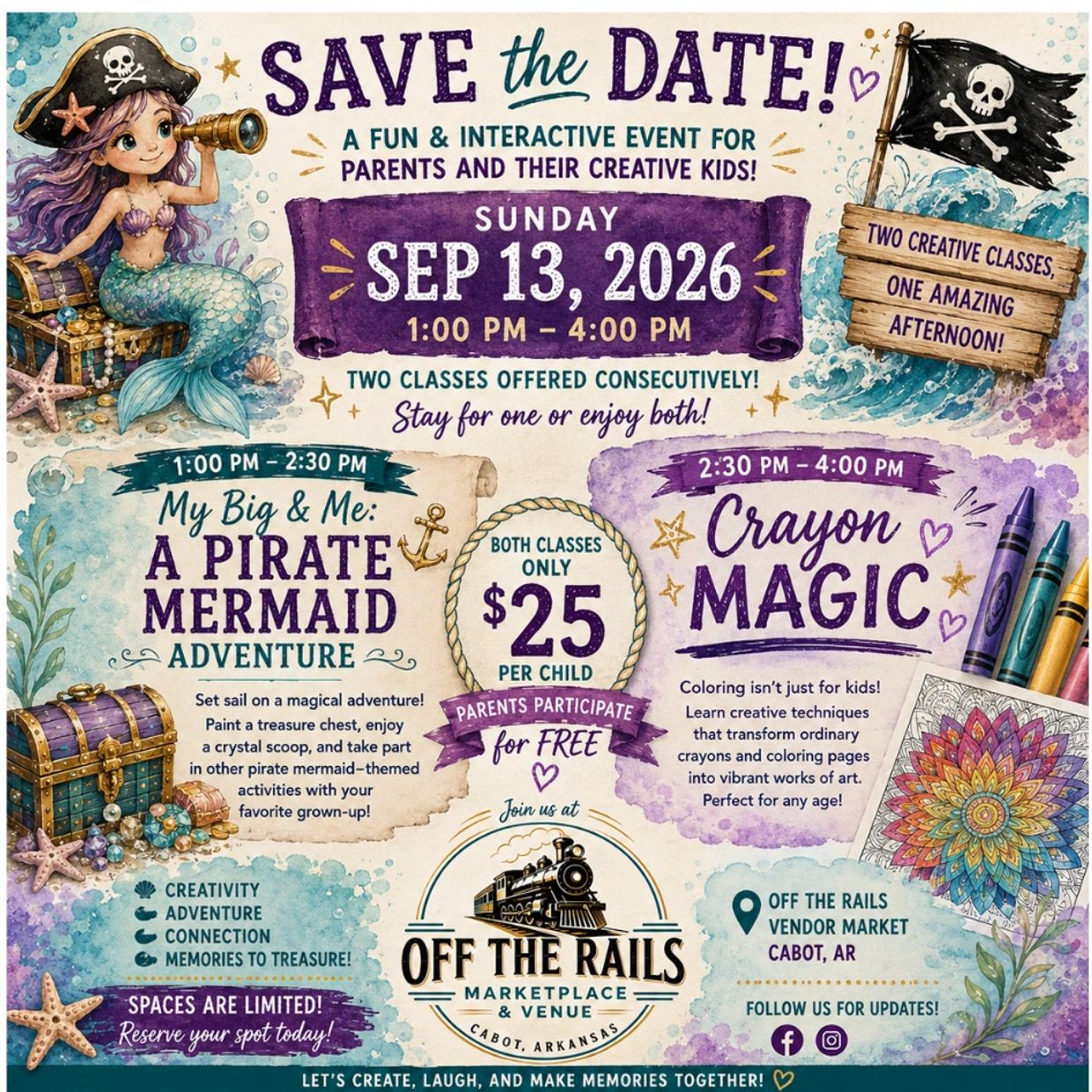 Save the Date for a creative kids' event on Sep 13, 2026, with pirate and crayon-themed classes.