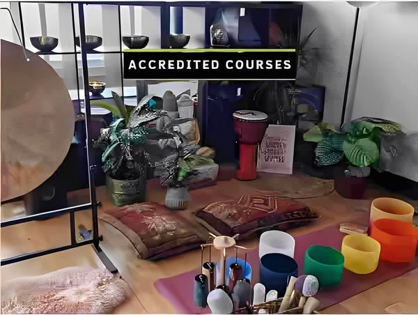 A cozy room setup with cushions, plants, and colorful singing bowls for accredited courses.