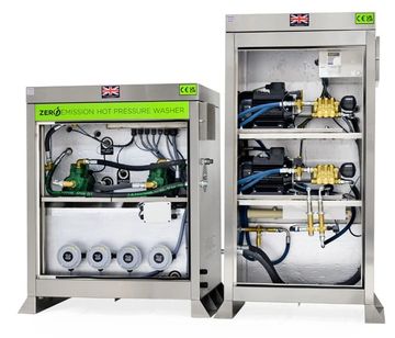 Twin hot water zero emission pressure washer mounted in a stainless steel cabient