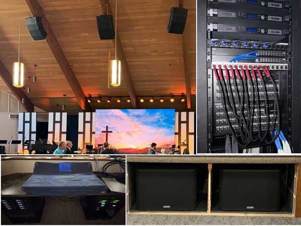 Modern church interior with sound system setup.