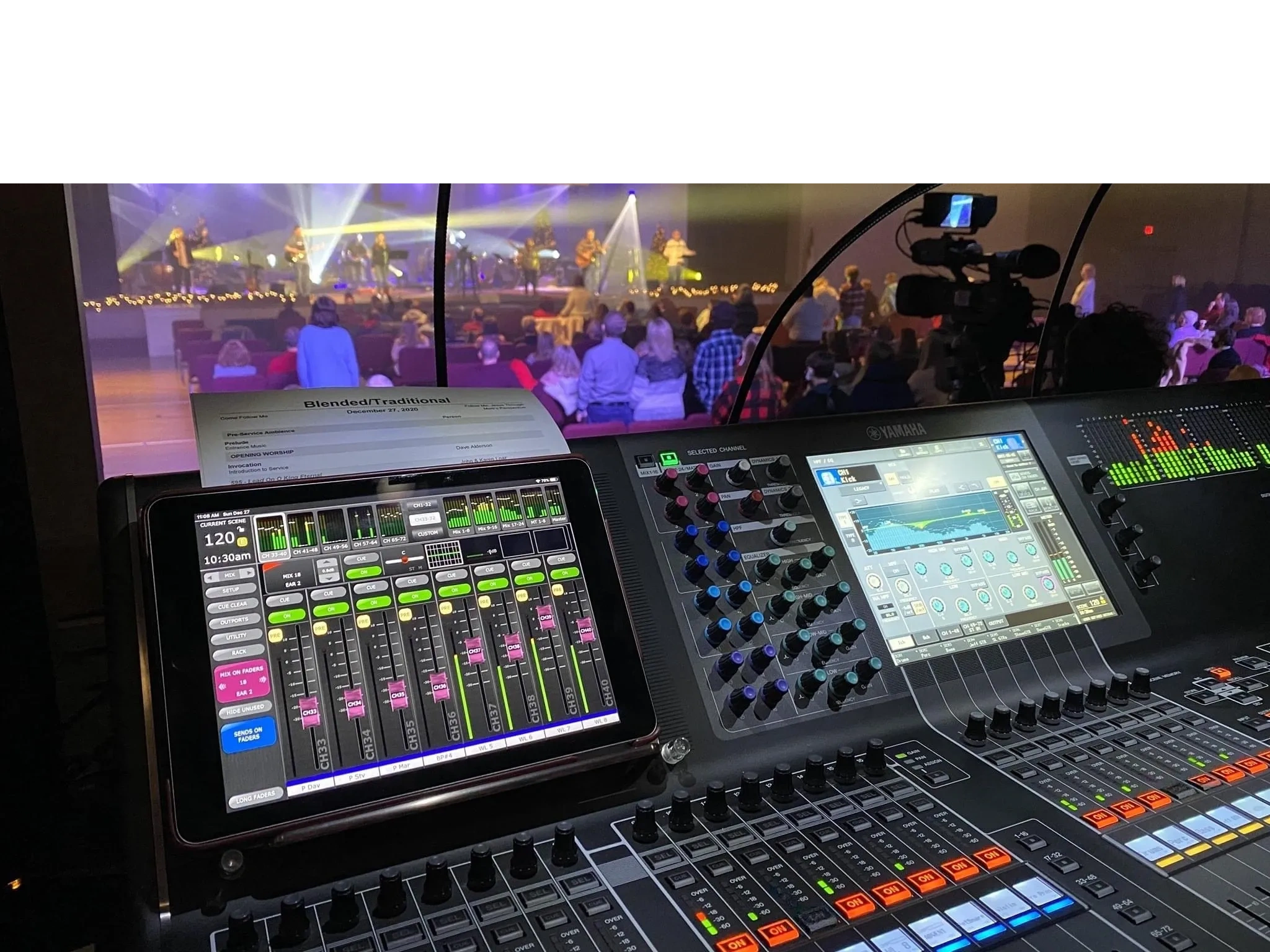 Soundboard and lighting control during a live church service.