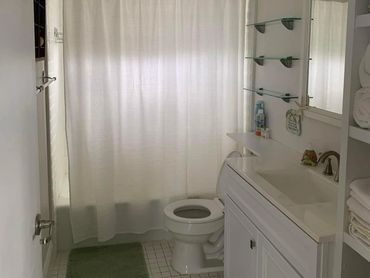 Bathroom with a full tub, toilet, and sink vanity.