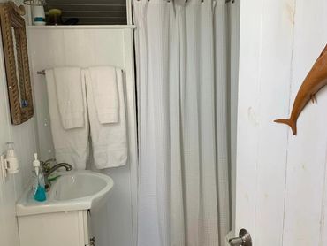 Bathroom with a sink, shower and toilet.