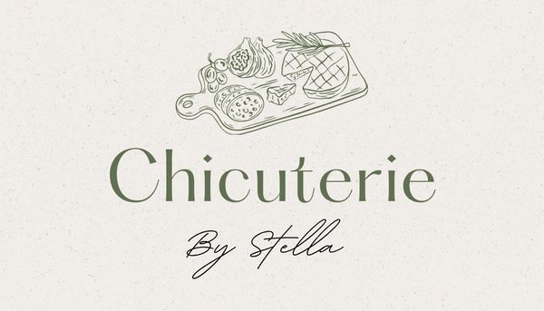 Elegant logo for Chicuterie by Stella with a cheese and charcuterie board illustration.