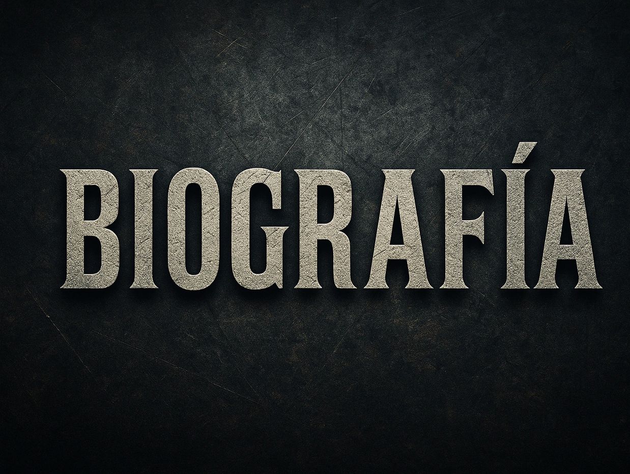 Text 'BIOGRAFÍA' in bold, textured letters on a dark background.