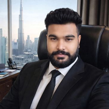 Professional man in a suit seated in an office with a city skyline view.