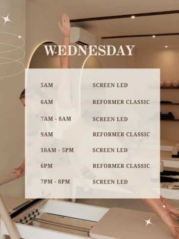 Wednesday schedule with Screen LED and Reformer Classic classes.