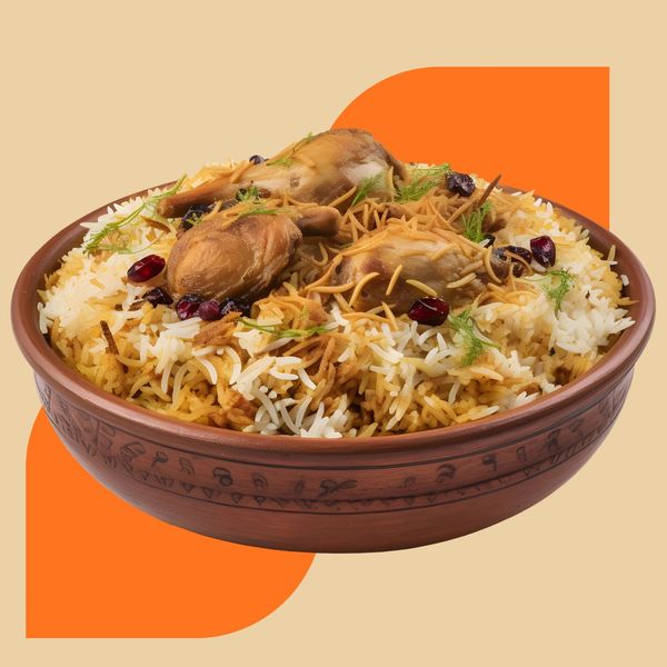 Biryani served in a traditional wooden bowl with chicken and garnishes.