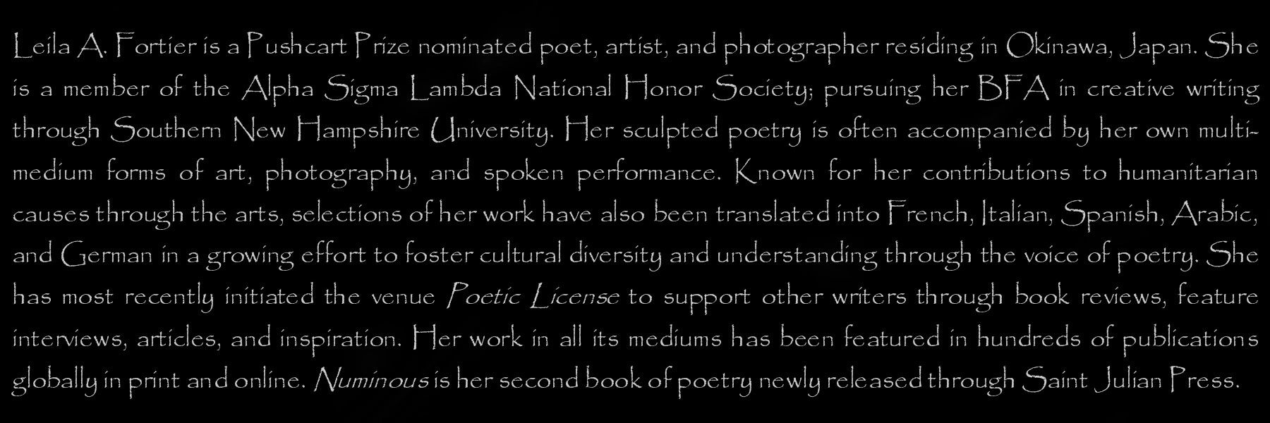 Leila A. Fortier, Leila Fortier, Poet, Artist, Photographer, Bio, Published, Translations, Spoken