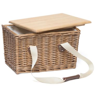 Promotional Cooler Boxes including wicker picnic baskets with a wooden lid perfect for laser engraving your logo. or printing with food safe inks finished with quality white strap handle.