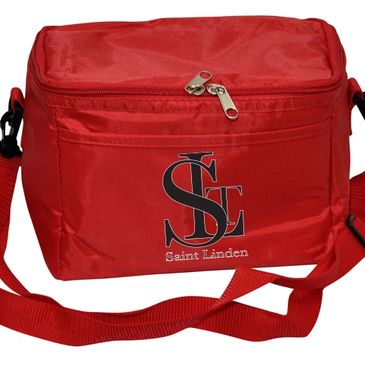 Red insulated cooler bag with Saint Linden logo.