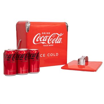 Red Coca-Cola cooler with three Coca-Cola No Sugar cans and a detached lid.