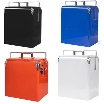 Four colorful metal coolers with handles and latches.