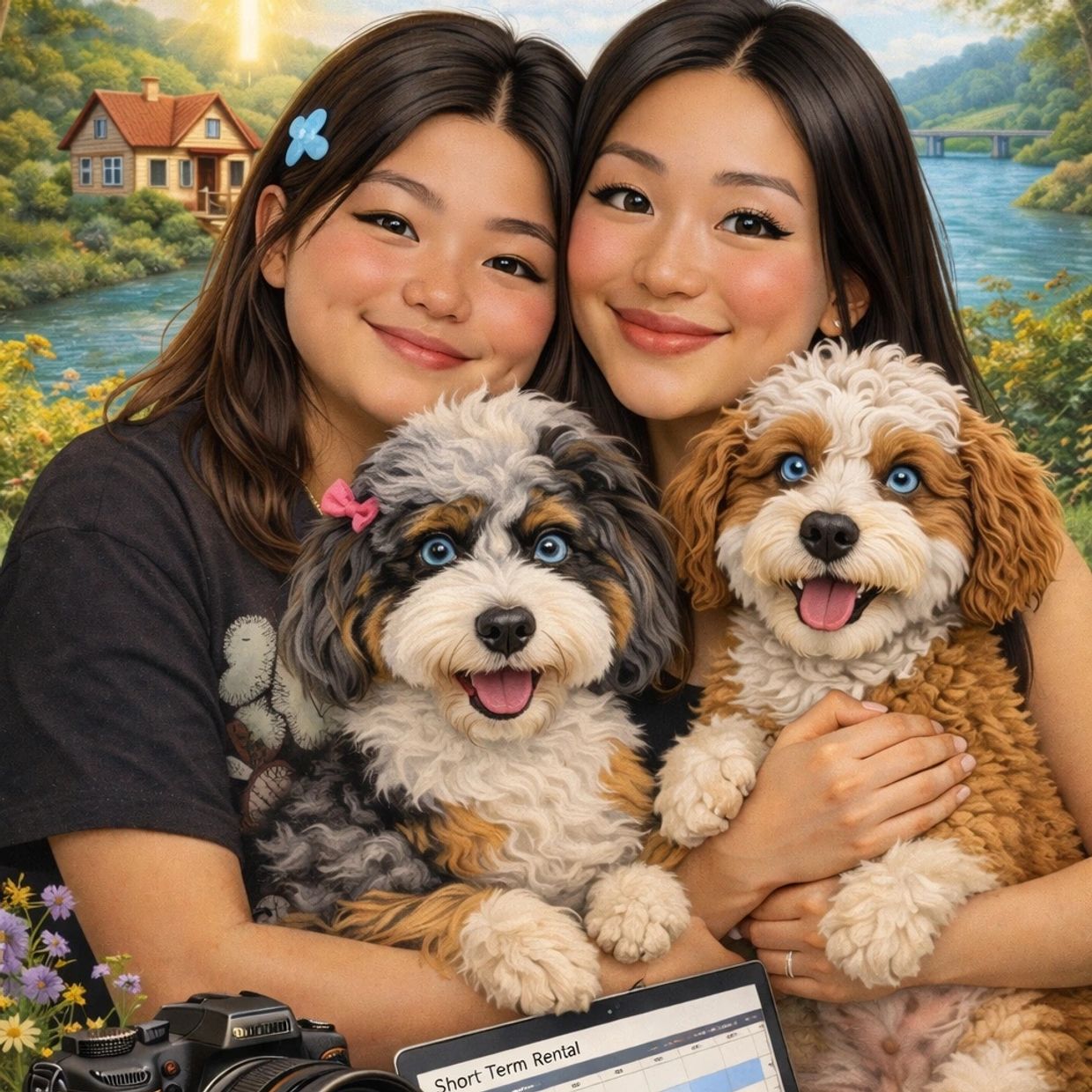 Two smiling women holding fluffy dogs with blue eyes in a scenic outdoor setting.