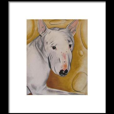custom pet portrait of a Bull Terrier Dog looking regal posing in front of a whimsical background