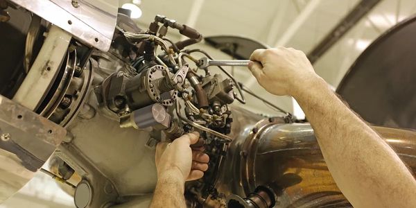 Technician works on aircraft engine.