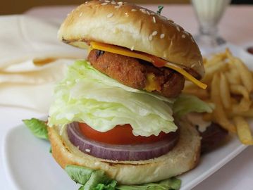 A vegan burger with fries