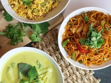 Bowls of noodles and soup