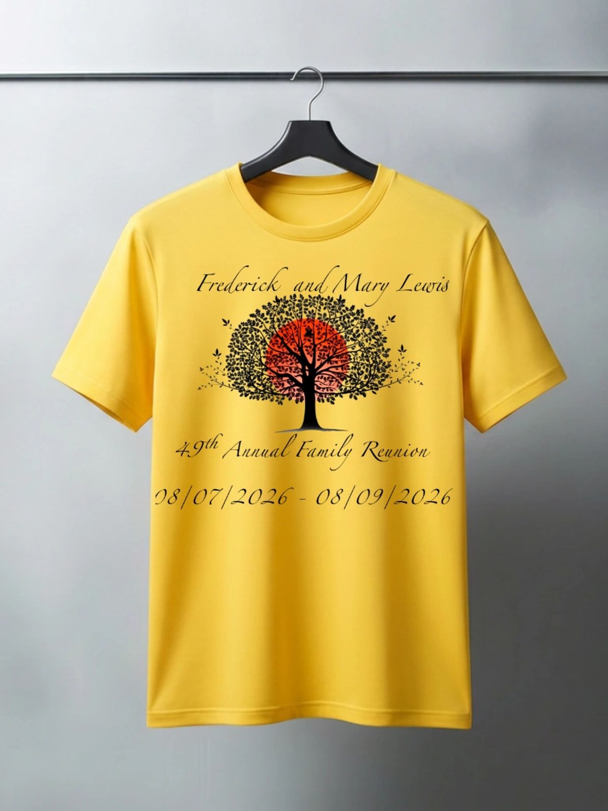 Yellow T-shirt for the Lewis family reunion with a tree design.