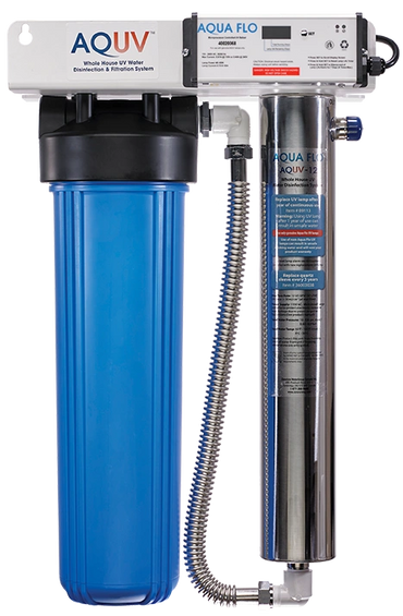 AQUV whole house UV water disinfection and filtration system with blue and metallic components.