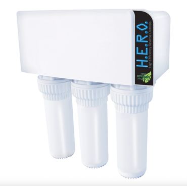 White H.E.R.O. reverse osmosis water filtration system with three filter cartridges.