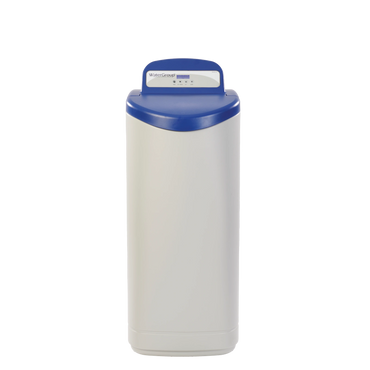 Tall water softener unit with a blue top and control panel.