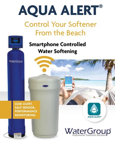 Aqua Alert smartphone-controlled water softener by WaterGroup with leak alert and performance monitoring.