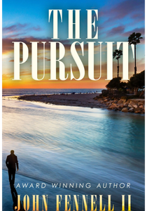 A serene sunset beach scene with a lone figure and bold text 'The Pursuit'.