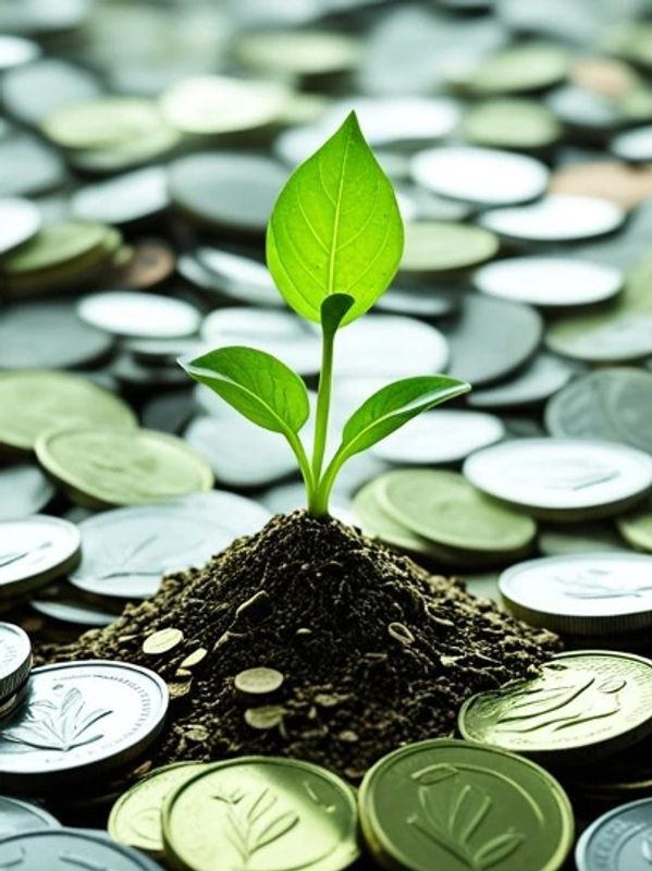 Budding plant growing out of a field of coins.