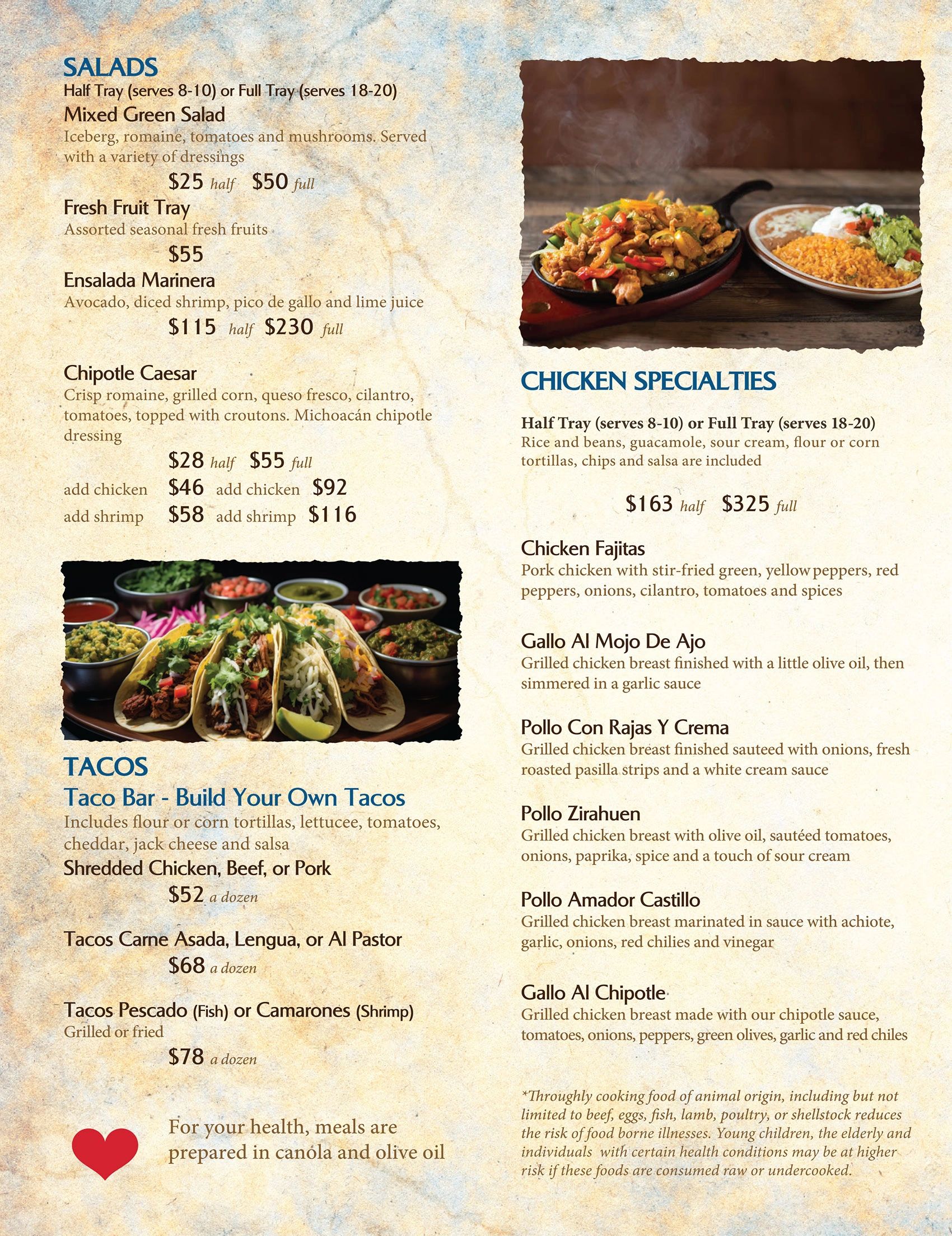 Michoacan Mexican Restaurant Catering Menu