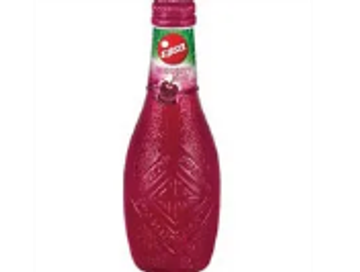 Red glass bottle of fruit soda.