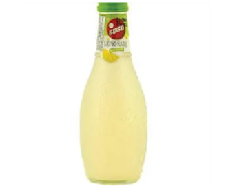 Glass bottle of lemon drink with green cap.