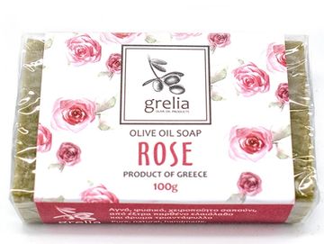 Bar of Grelia rose olive oil soap from Greece.