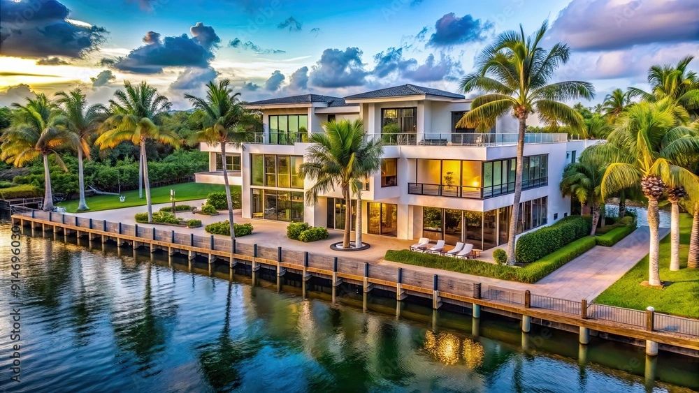 Modern waterfront mansion surrounded by palm trees at sunset.
