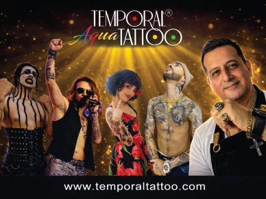 Group of tattooed individuals showcasing diverse styles under Temporal Aqua Tattoo branding.