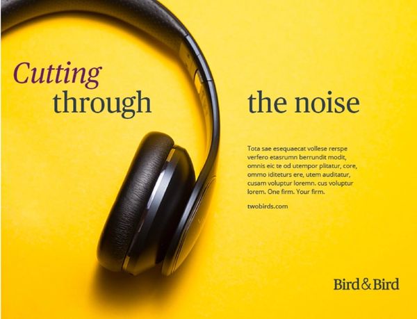 Black headphones on yellow background with text 'Cutting through the noise'.