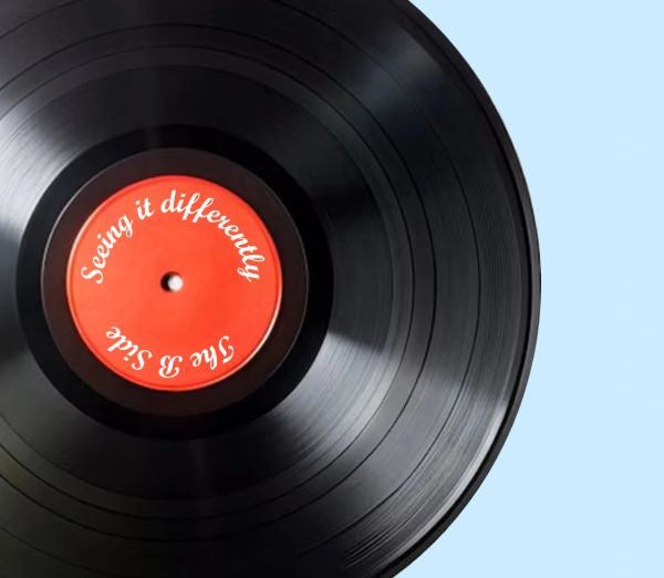 A Vinyl record showing the song title 'Seeing things differently' and the band name 'The B side'