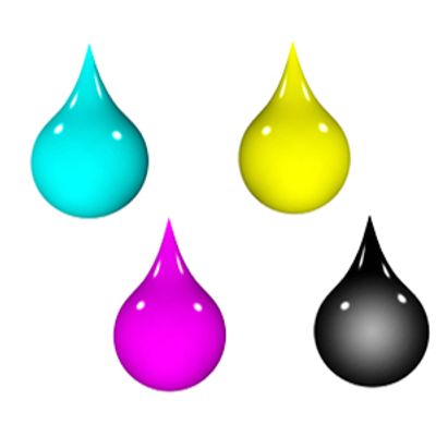 Four colorful ink drops representing cyan, yellow, magenta, and black.