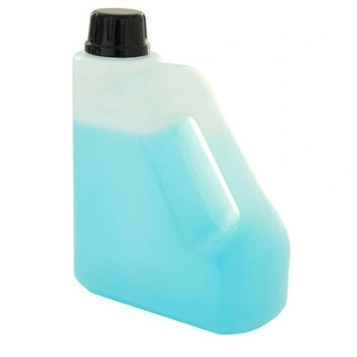 A translucent plastic container filled with blue liquid and a black cap.