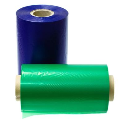 Two rolls of colored plastic film, one blue and one green.