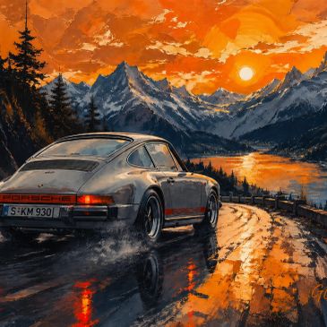 A Porsche car on a wet mountain road at sunset with vibrant orange skies.