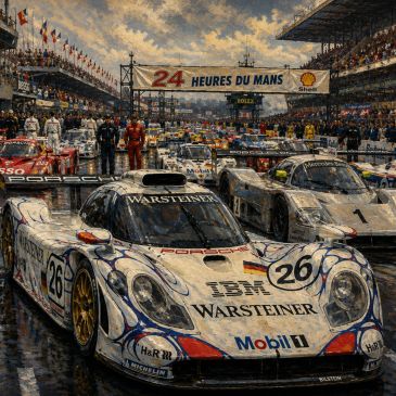 Race cars lined up at the 24 Hours of Le Mans start line under a dramatic sky.