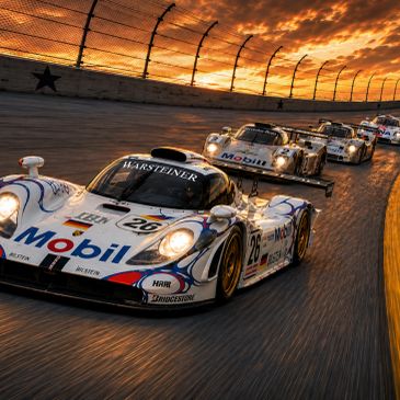 Classic race cars with Mobil branding racing at sunset on a track.