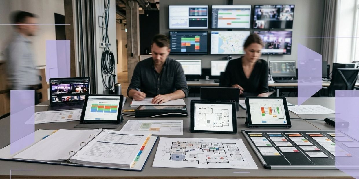 Two professionals working with digital tablets and documents in a modern office.