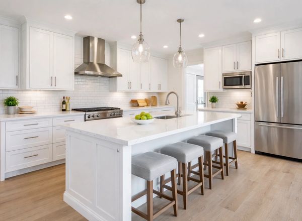 Bright modern kitchen with white cabinets, island, and stainless steel appliances.