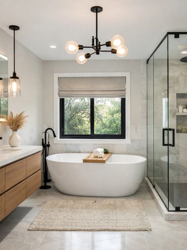 Modern bathroom with freestanding tub, glass shower, and wooden vanity.