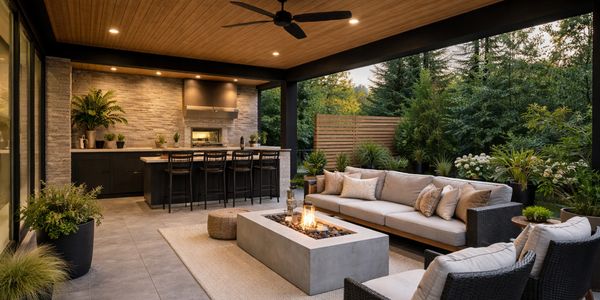 Modern outdoor patio with cozy seating and fire pit surrounded by greenery.