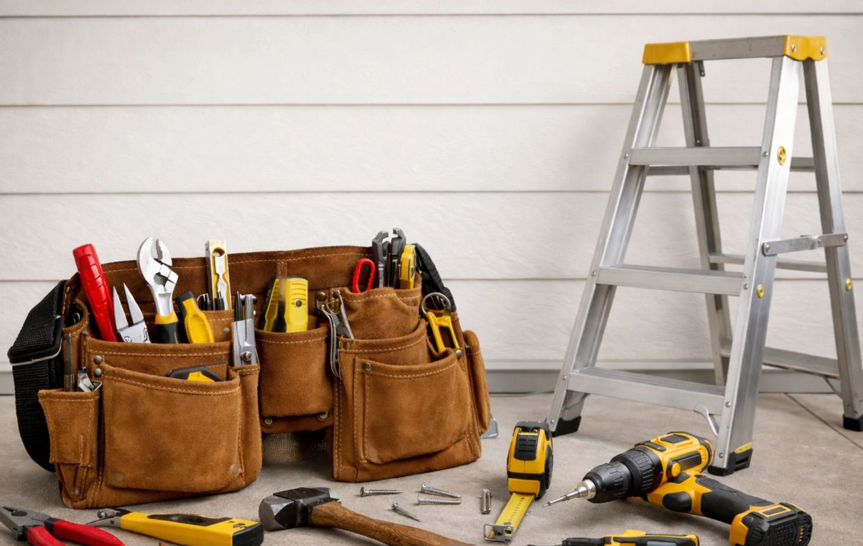 A collection of hand tools, a drill, and a ladder arranged on a floor.