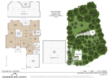 House floor plan with site layout and detailed room dimensions.